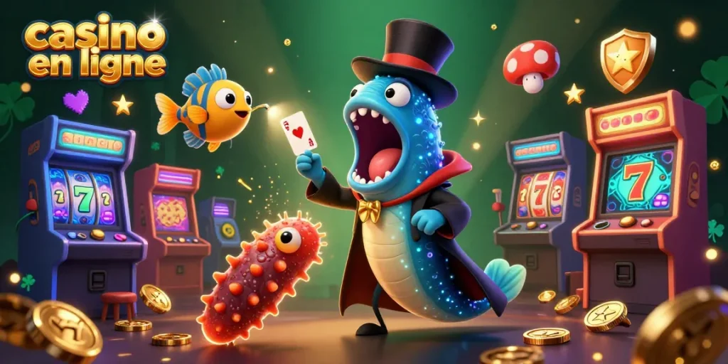 Les jeux de casino en ligne prennent vie avec un grand poisson-lanterne et une anguille goulue effectuant des tours de magie.