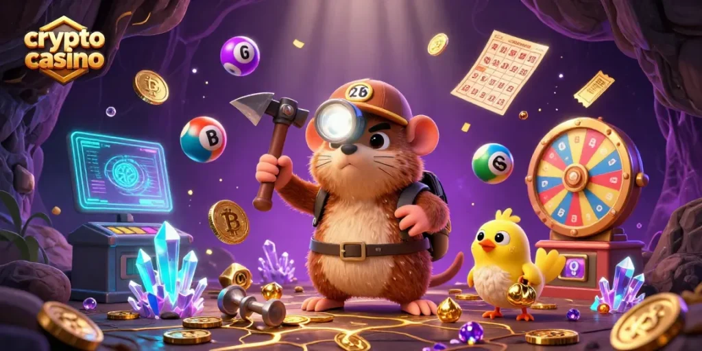 Illustration d'un crypto casino: un mole explorateur et un canari au milieu de pièces, machines et loteries