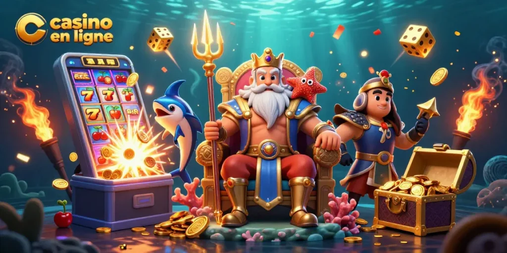 Plongez au cœur de l'action des jeux de casino en ligne avec le roi Neptune entouré de richesses.