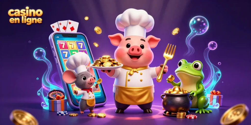 Illustration dynamique de casino en ligne avec un chef cochon et un sous-chef, entourés de jeux d'argent.