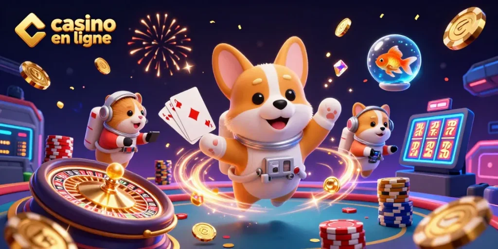 Casino en ligne avec un corgi astronaute et un hamster de mission dans un casino spatial.