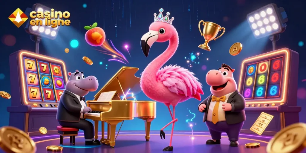 Une scène vibrante de casino en ligne illustrant une chanteuse flamant et un bassiste hippo, entourés de machines à sous et de monnaie d'or.