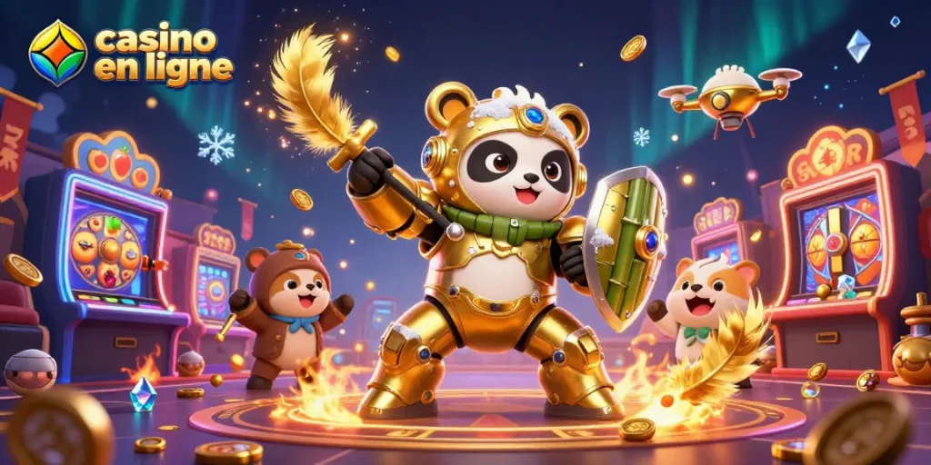 Explorez les sensations du casino en ligne avec un panda doré et un robot dans une arène animée.
