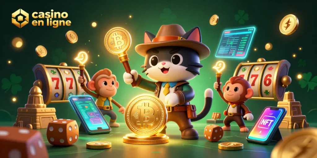 Une illustration 3D captivante sur un casino en ligne avec un chat explorateur découvrant un artefact en or.