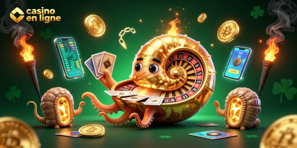 Jouez des cartes au casino en ligne avec un nautilus géant et des pièces de crypto-monnaies brillantes.