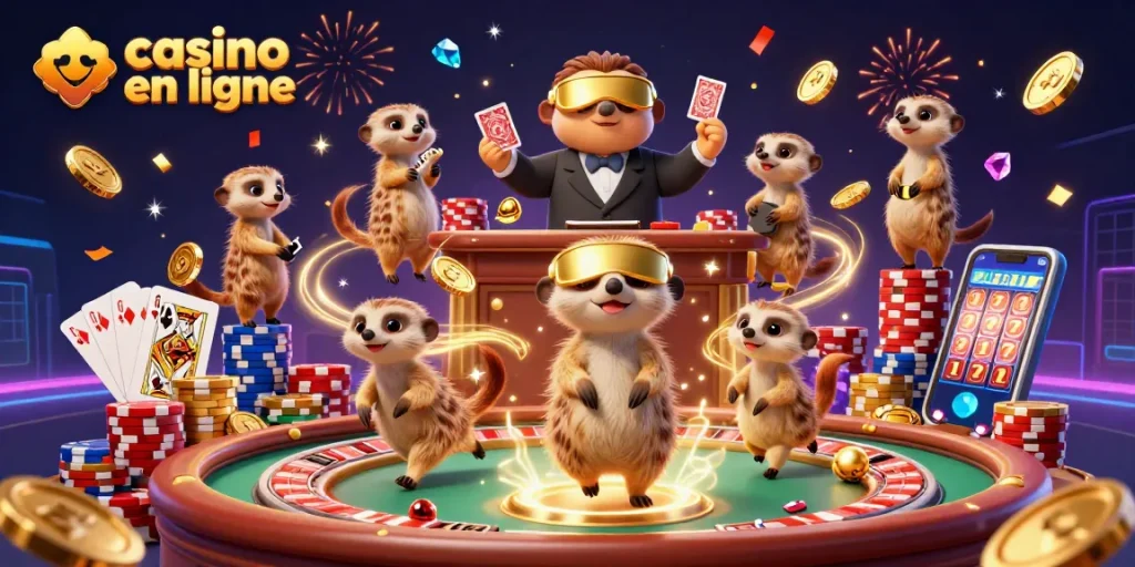 Action des meerkats dans un casino en ligne, avec des jetons et des effets scintillants.