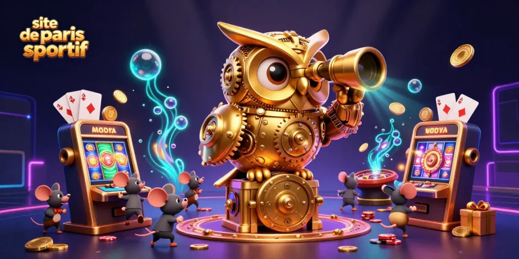 Une illustration captivante d'un site de paris sportif avec une chouette dorée et des jeux de casino animés.