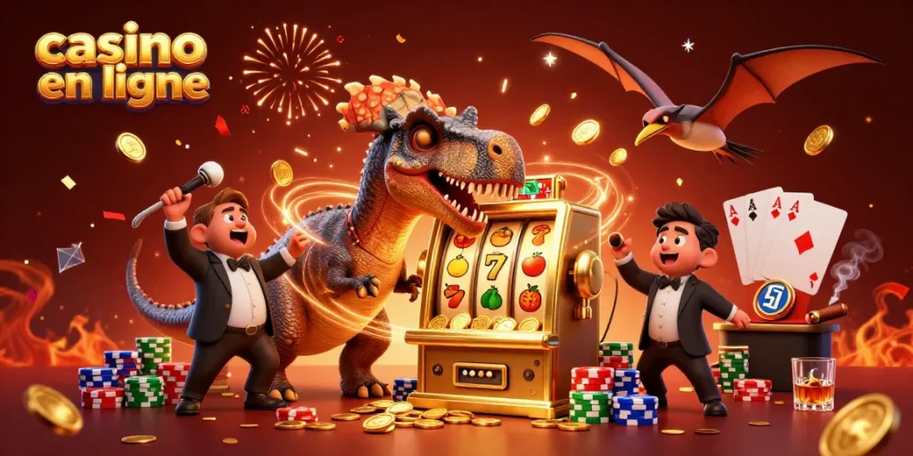Découvrez l'animation dynamique d'un casino en ligne avec des personnages de dinosaures jouant aux machines à sous.