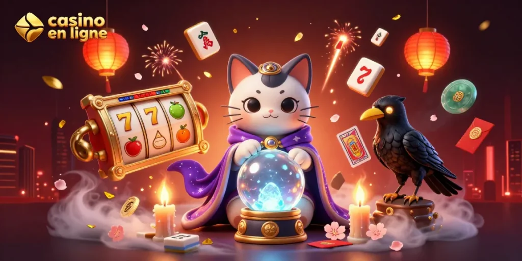 Vivez l’excitation du casino en ligne avec un chat mystique et un corbeau de tarot dans un décor enchanteur.