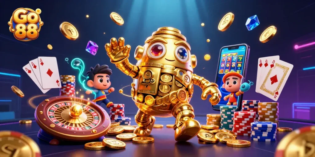 Experience the thrilling world of Go 88, featuring a vibrant scene with golden golem and casino elements.