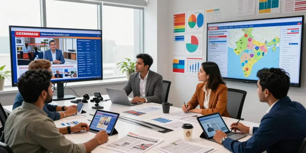 Diverse journalists collaborating in a modern newsroom at https://www.theindaily.com, surrounded by live news updates and analytics.