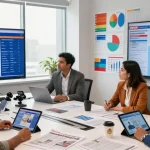 Diverse journalists collaborating in a modern newsroom at https://www.theindaily.com, surrounded by live news updates and analytics.