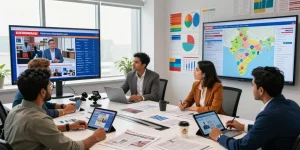 Diverse journalists collaborating in a modern newsroom at https://www.theindaily.com, surrounded by live news updates and analytics.