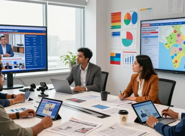 Diverse journalists collaborating in a modern newsroom at https://www.theindaily.com, surrounded by live news updates and analytics.