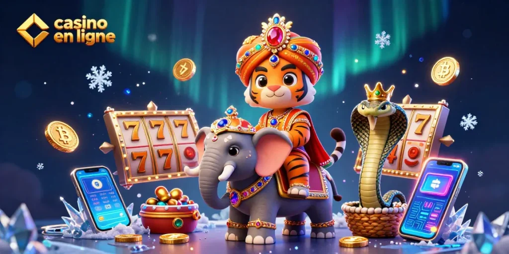 Action de jouer au casino en ligne avec un maharaja et un éléphant, immersion dans l'univers du jeu
