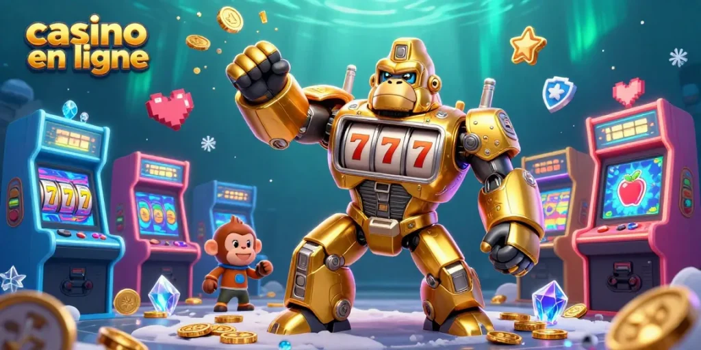Gagnez gros avec le casino en ligne, découvrez un gorille mech en action entouré de machines à sous colorées.