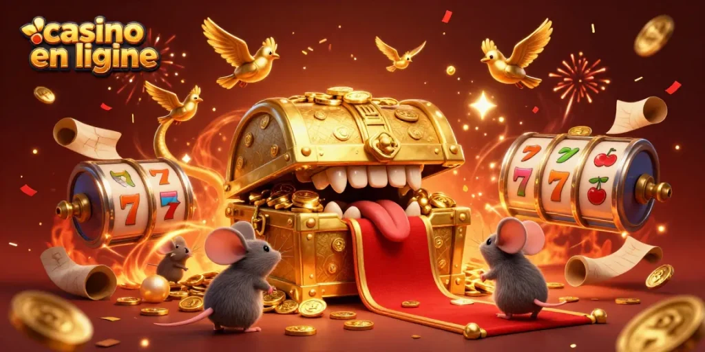 Gagnez avec casino en ligne grâce à une illustration festive de jeu remplie de trésors et d'éléments de jeu