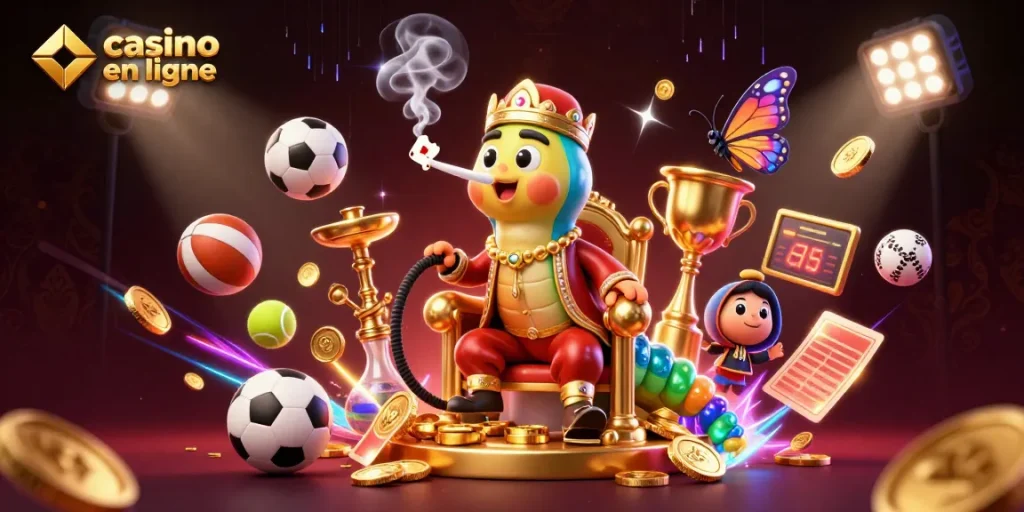 Visuel coloré de casino en ligne avec un personnage sultan et des éléments de jeu dynamique