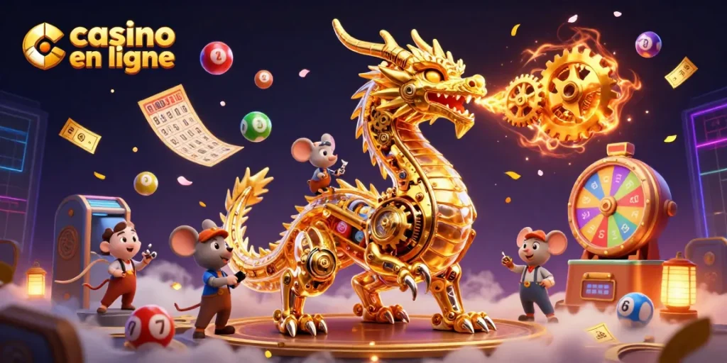 Des éléments de jeux de casino en ligne, tels qu'un dragon mécanique et des boules de loterie colorées.