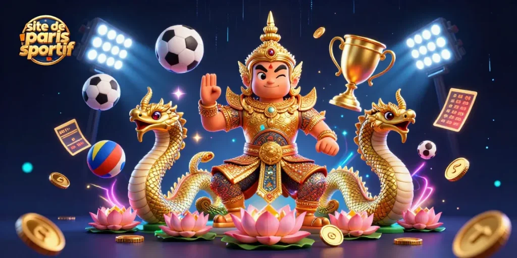 Pariez sur le site de paris sportif avec une illustration ludique d'un gardien thaïlandais, des cagnottes et des éléments sportifs.