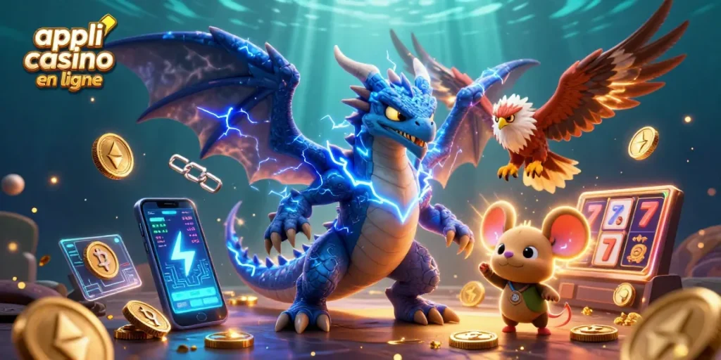 Visuel captivant d'une application de casino en ligne avec des personnages de jeu dynamique
