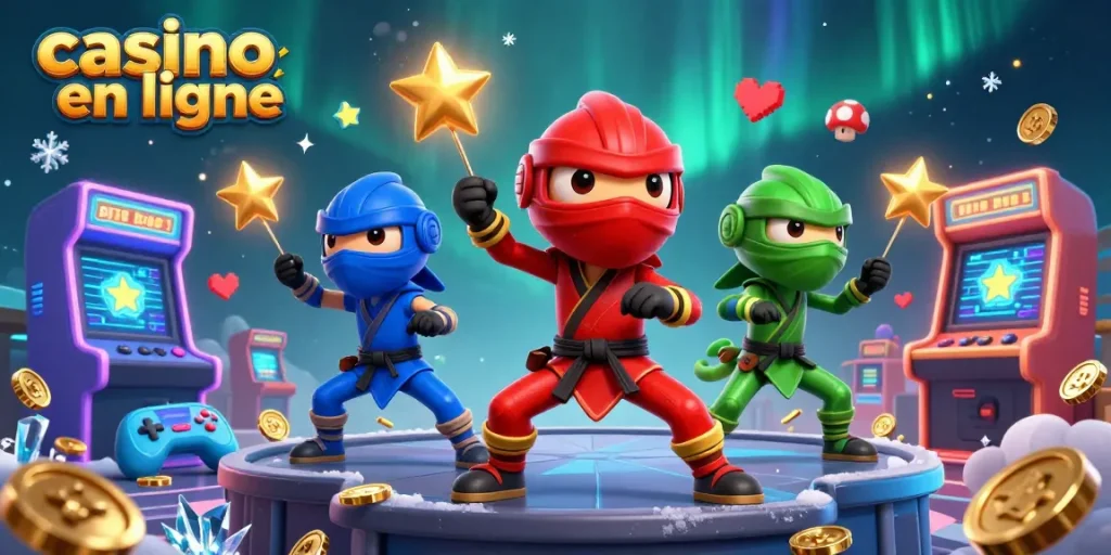 Jouez au casino en ligne avec des ninjas caméléons dans une scène d'action colorée.