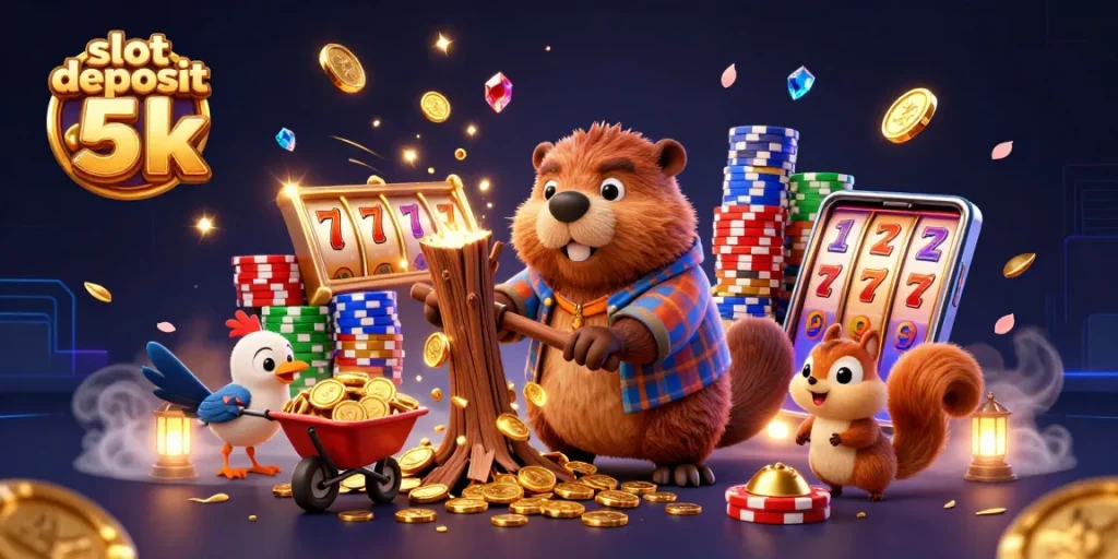 Spin to win with slot deposit 5k featuring a joyful cartoon beaver celebrating gold coins in a vibrant casino!