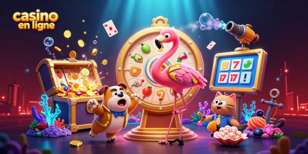 Expérience de casino en ligne avec un hôte flamant, un bulldog et de nombreux trésors sous-marins.