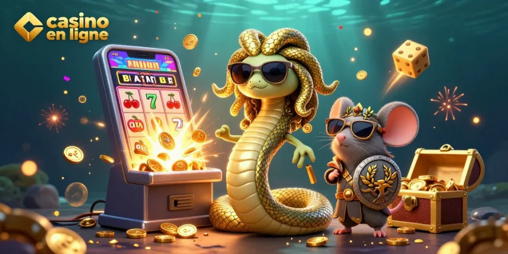 Une scène animée "casino en ligne" où Méduse et une souris guerrière entourent une machine à sous explosive, remplie de pièces dorées.