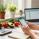Tracking nutrition with the best food tracker app in a bright kitchen.
