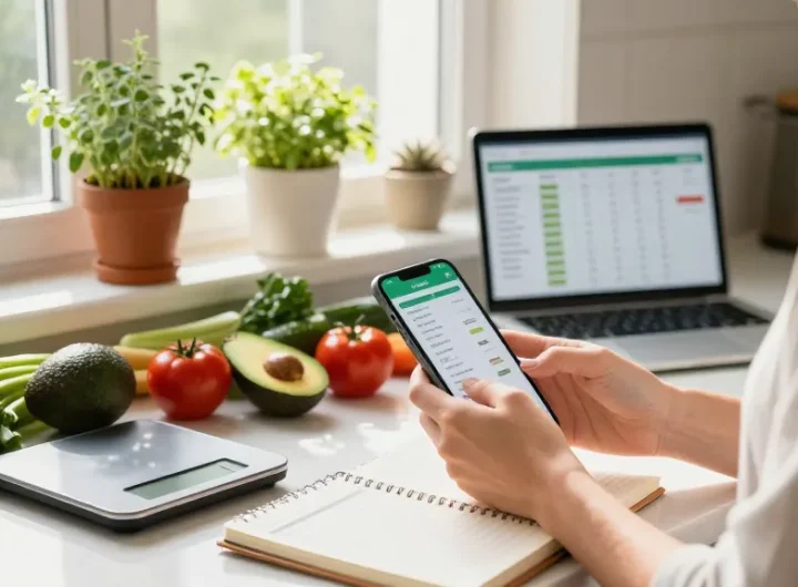 Tracking nutrition with the best food tracker app in a bright kitchen.
