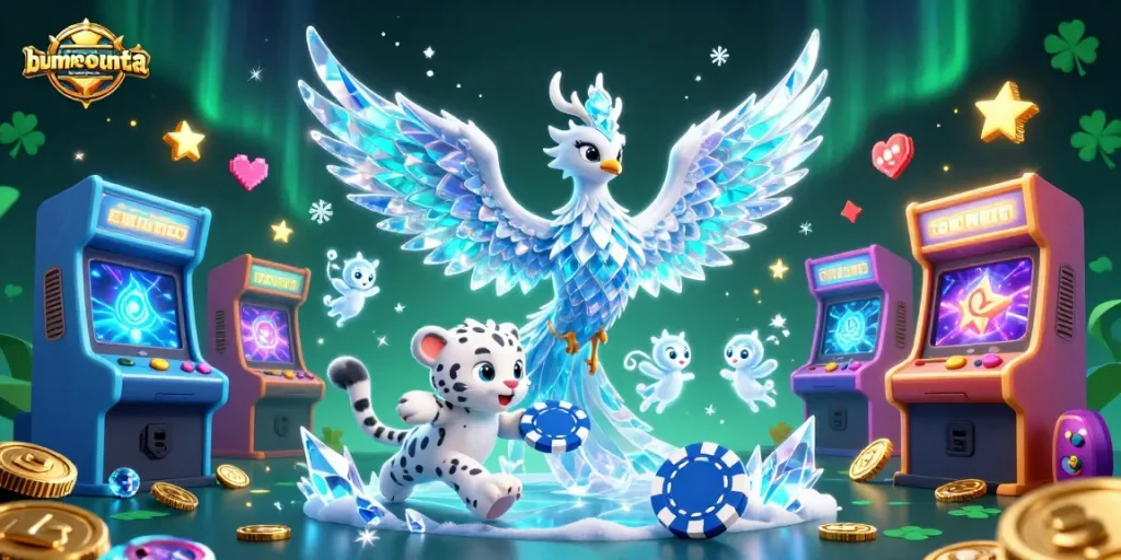 Permainan slot menarik di bunmeebuntea, dengan phoenix es, chip poker, dan sprite es yang bersinar.