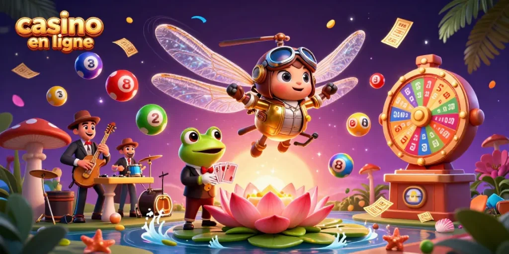 Vivez l'excitation du casino en ligne avec ce pilote libellule, croupier grenouille et musiciens!