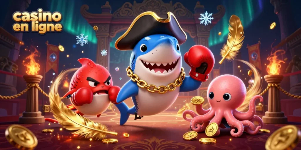 Gagnez des pièces d'or sur le casino en ligne avec un requin pirate et un poisson globe en action.