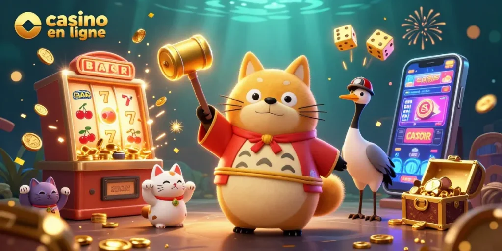 Profitez d'une expérience de jeux captivante dans un casino en ligne avec des symboles de chance et l'animation d'un jackpot.