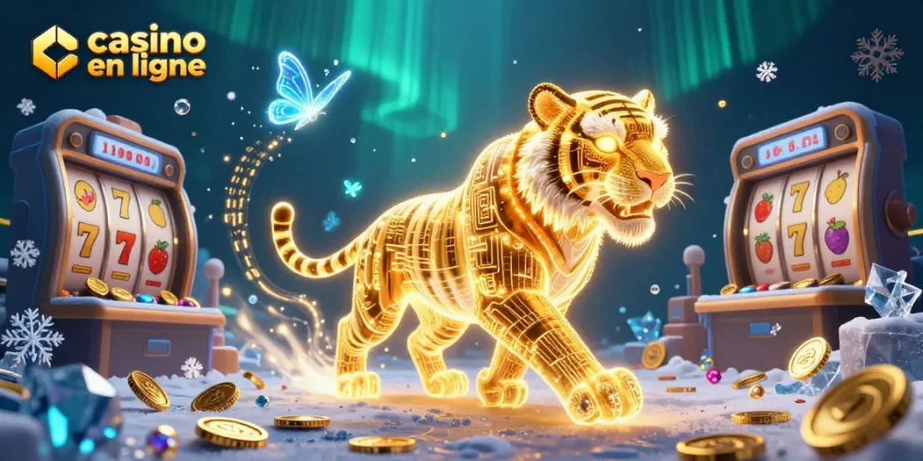 Jouez au casino en ligne avec une illustration 3D colorée représentant un tigre et des éléments de jeu.