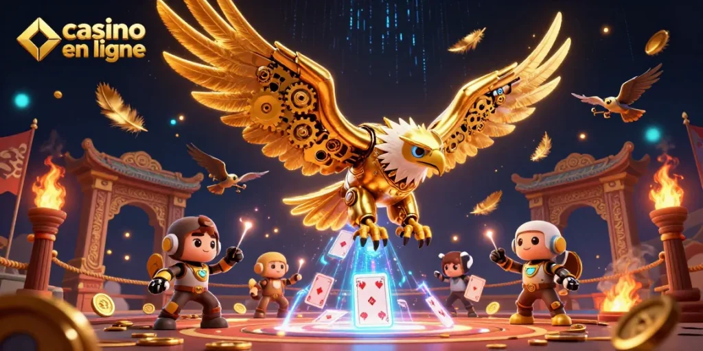 Gagnez au casino en ligne avec un aigle cybernétique plongeant parmi les cartes holographiques.