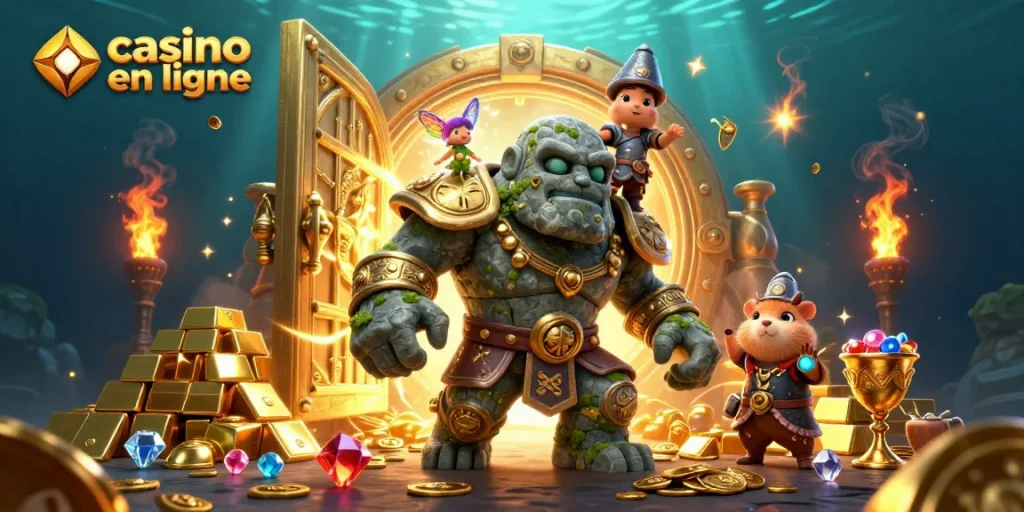 Scannez le royaume des jeux avec casino en ligne, un golem, une fée, et un hamster chevalier illuminés par la richesse.