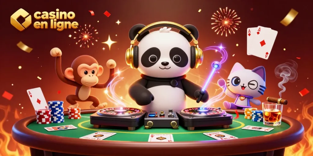 Découvrez le casino en ligne avec notre illustration dynamique, incluant un panda DJ et des jeux de cartes.