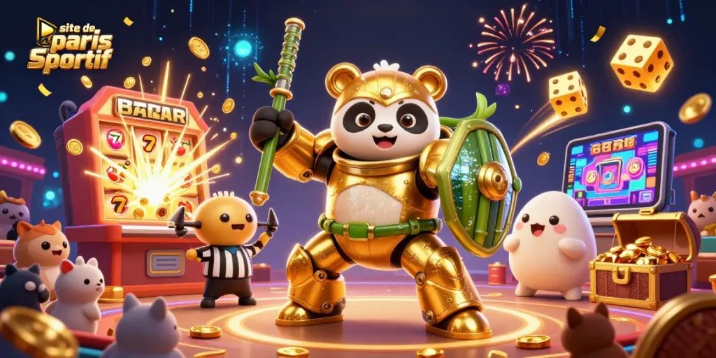 Plongez dans l'univers du site de paris sportif avec un panda en méca pilotant un robot sur un ring animé.