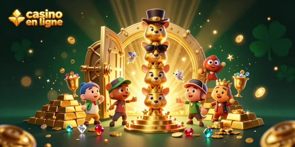 Jouez dans un casino en ligne avec un totem coloré entouré de trésors dorés et de joyaux scintillants