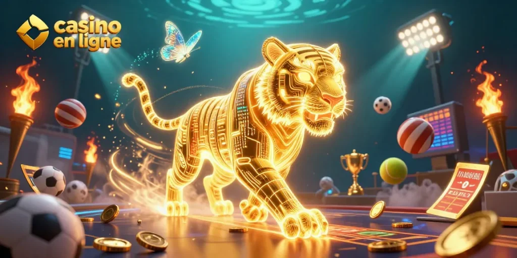 Découvrez une scène immersive de casino en ligne avec un tigre doré et des ballons de sport.