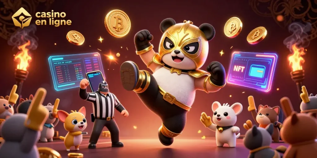Déclenchement du plaisir de jouer au casino en ligne avec un panda lutteur et une ambiance festive.