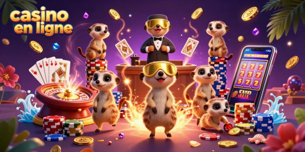 Casino en ligne : Les suricates gèrent une opération de jeu animée avec de nombreux éléments colorés.