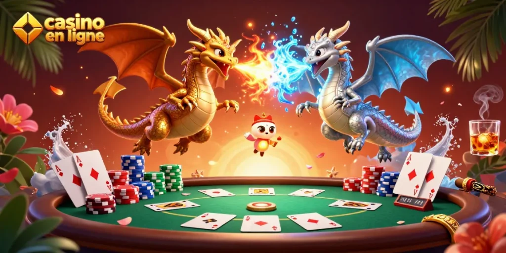 Jouer au casino en ligne en observant des dragons fantastiques sur une table de poker.