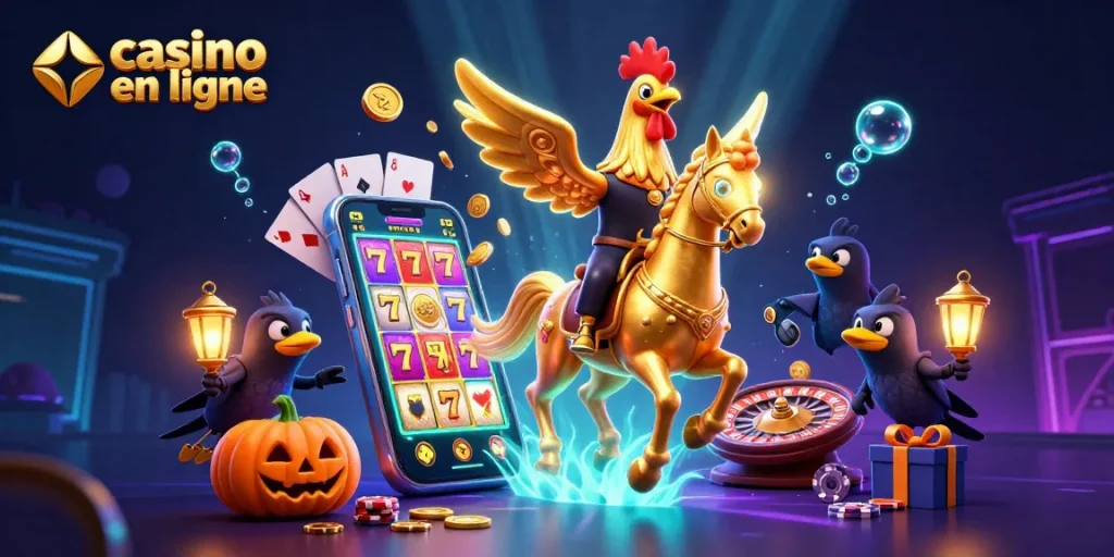 Vivez l'expérience du casino en ligne avec le coq d'or et ses compagnons dans un casino lumineux.