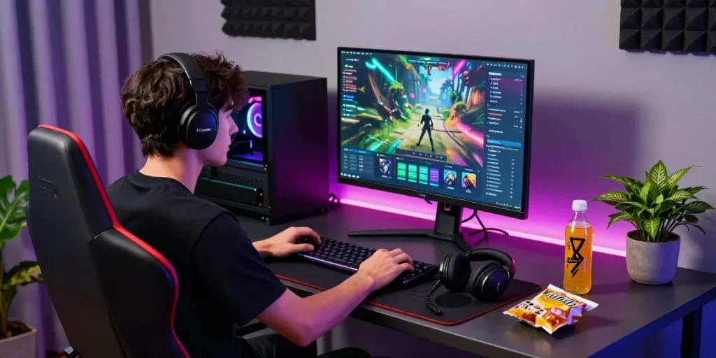 NAGA2000 topup akun game menggunakan QRIS gratis biaya admin setiap hari, gamer di setup modern dengan perangkat gaming.