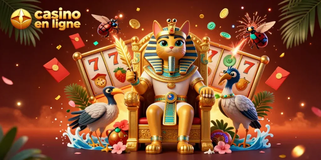 Illustrez votre chance au casino en ligne avec un pharaon égyptien et des rouleaux de jeux.