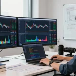 Trader using mt5 platform to analyze financial markets with real-time charts and trading tools.