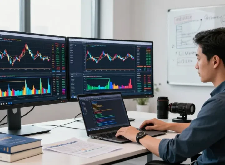 Trader using mt5 platform to analyze financial markets with real-time charts and trading tools.